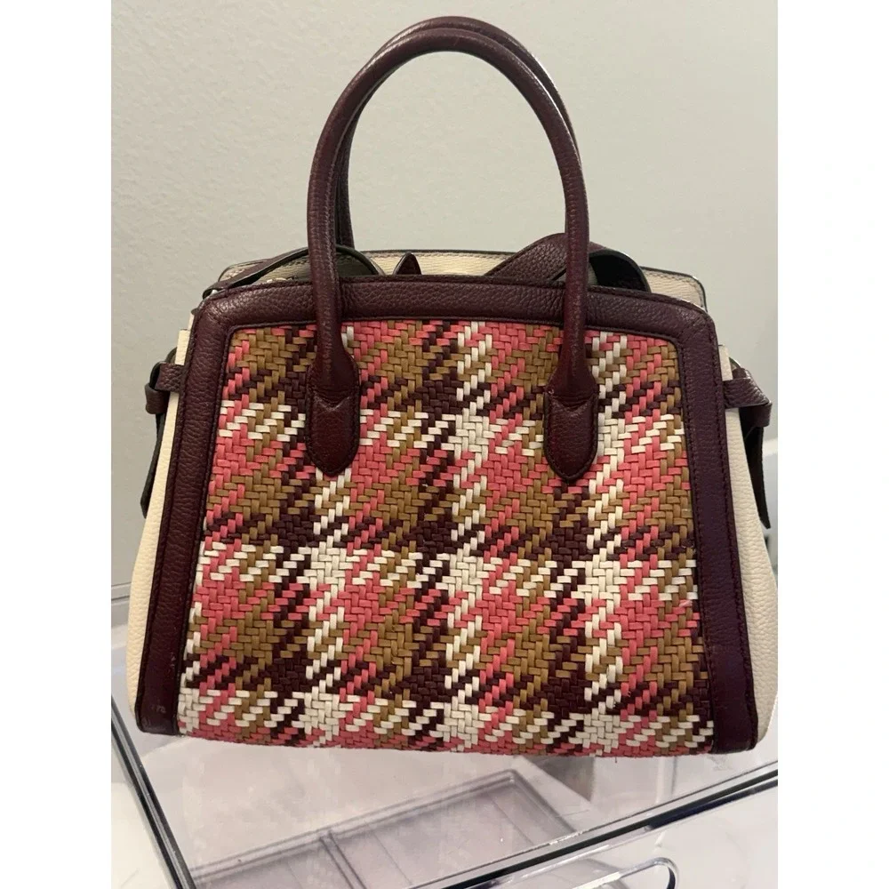 Kate Spade New York Woven Satchel Top Handle Bag Burgundy Cream Gold Hardware